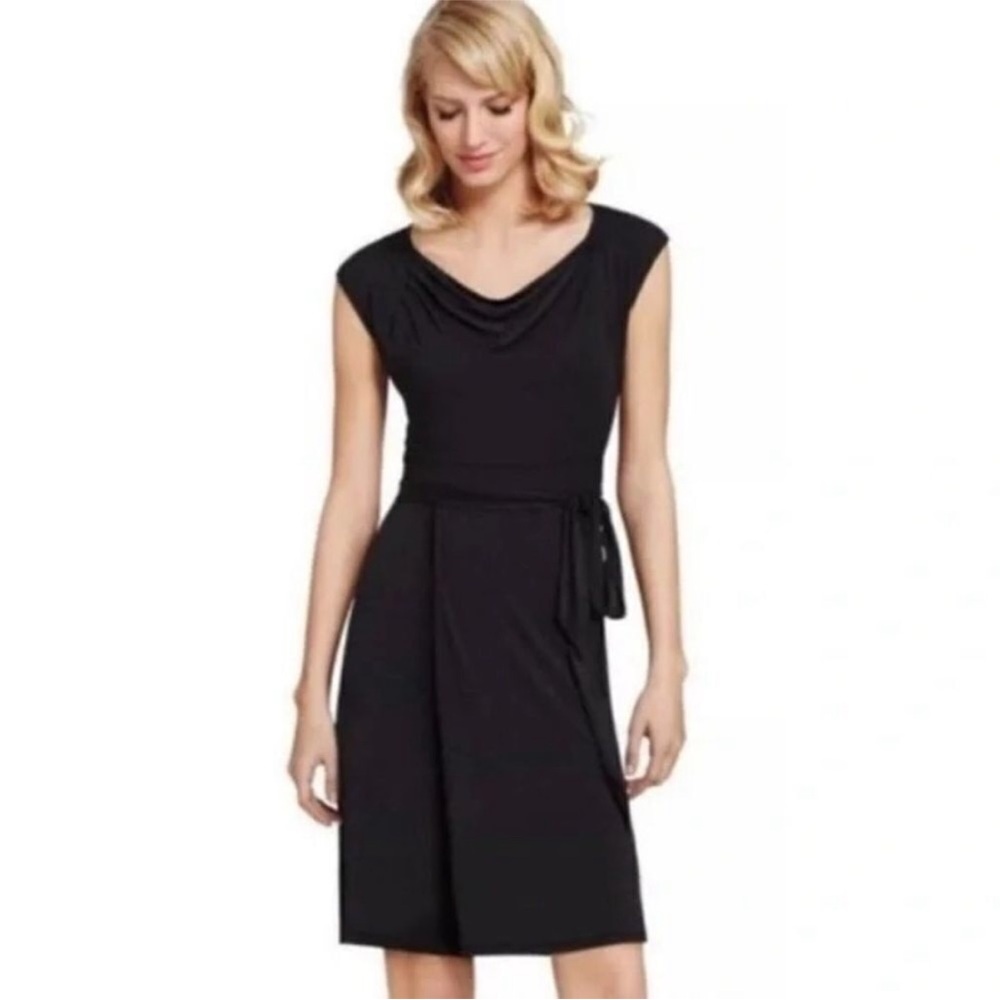 Cabi black draped cowl neck cap sleeve jersey knit midi dress size Medium #121
